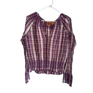 Tory Burch Women’s Linen Smocked Peasant Top Sz M Purple Orange Stripe Boho